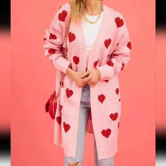 Women Open Front Long Cardigans Duster Sweaters Valentine's Day Heart Print Ligh - Picture 3 of 5